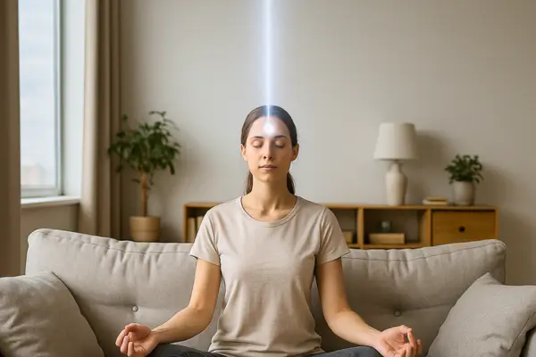 Mulher em posição de meditação ao nascer do sol, simbolizando clareza interior, reprogramação mental e luz da consciência.