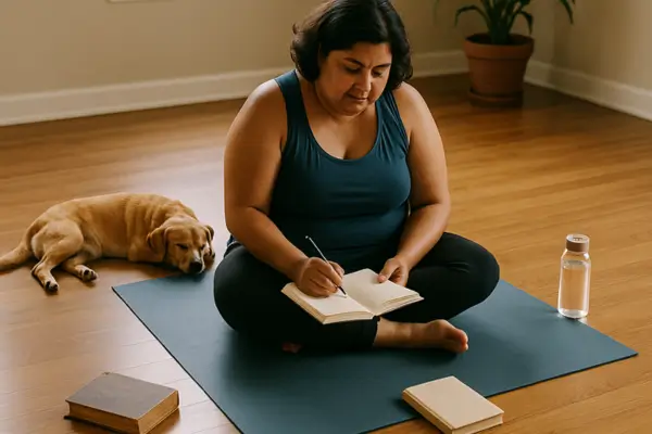 Pessoa em movimento suave com expressão leve, simbolizando a liberação emocional através do corpo.