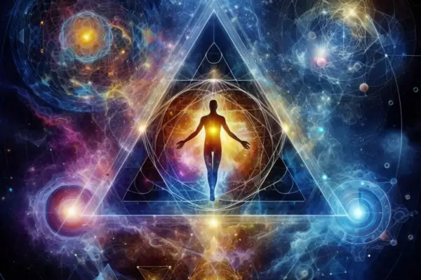 Imagem simbólica representando o alinhamento entre corpo, mente e alma, com uma figura em postura meditativa rodeada por elementos naturais que evocam equilíbrio e presença interior.
